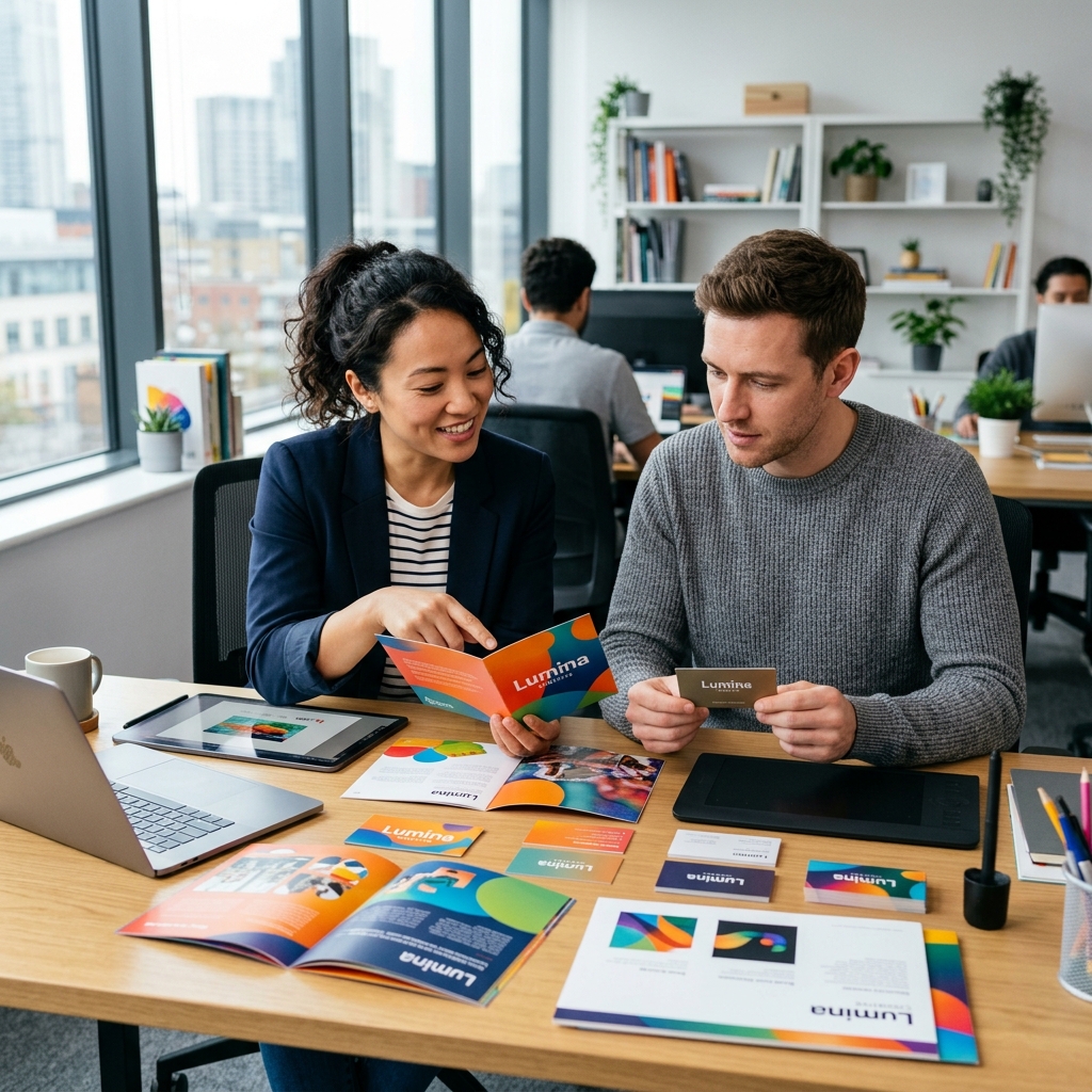 Team reviewing vibrant prints